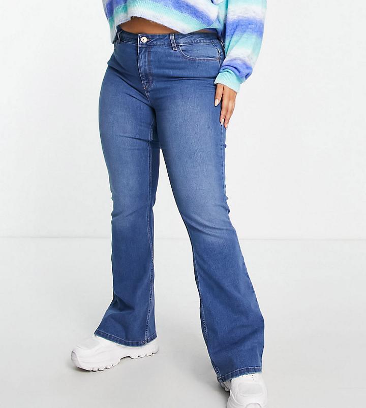 Pieces Curve Peggy High Waisted Flared Jeans In Mid Wash Blue-blues