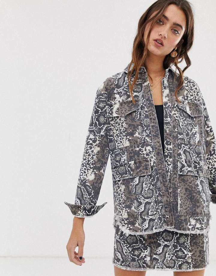 Only Snake Print Utility Denim Jacket-multi