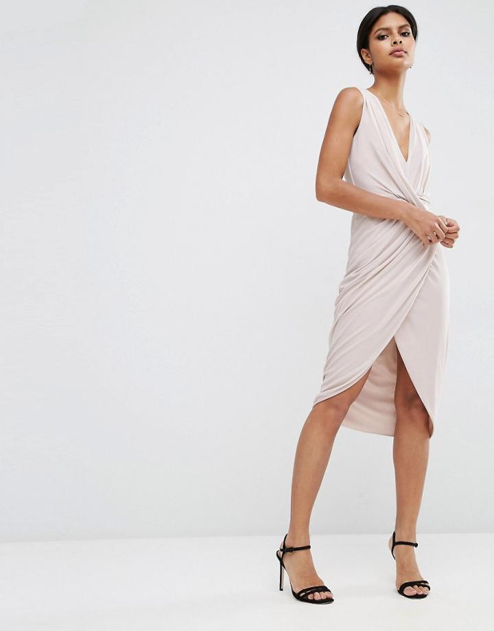 Asos Mesh Fold Front Midi Pencil Dress - Mink