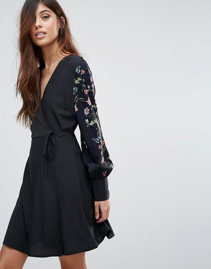Vero Moda Embroidered Sleeve Wrap Dress - Multi