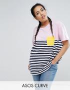 Asos Curve T-shirt In Cutabout Stripe With Contrast Pocket - Multi