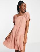 Qed London Square Neck Tiered Smock Mini Dress In Teracotta-orange