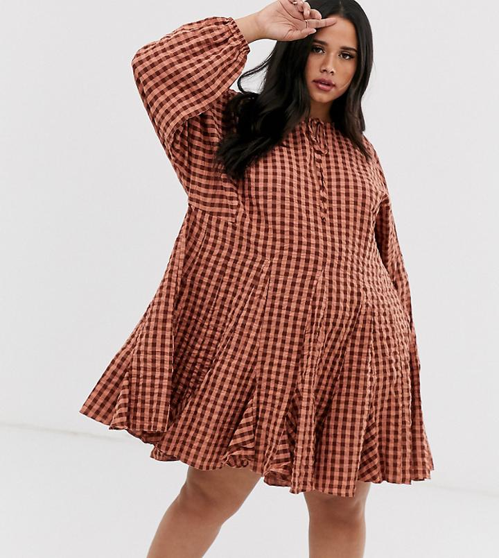 Asos Design Curve Trapeze Mini Dress With Godets In Seersucker Check-multi