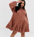 Asos Design Curve Trapeze Mini Dress With Godets In Seersucker Check-multi