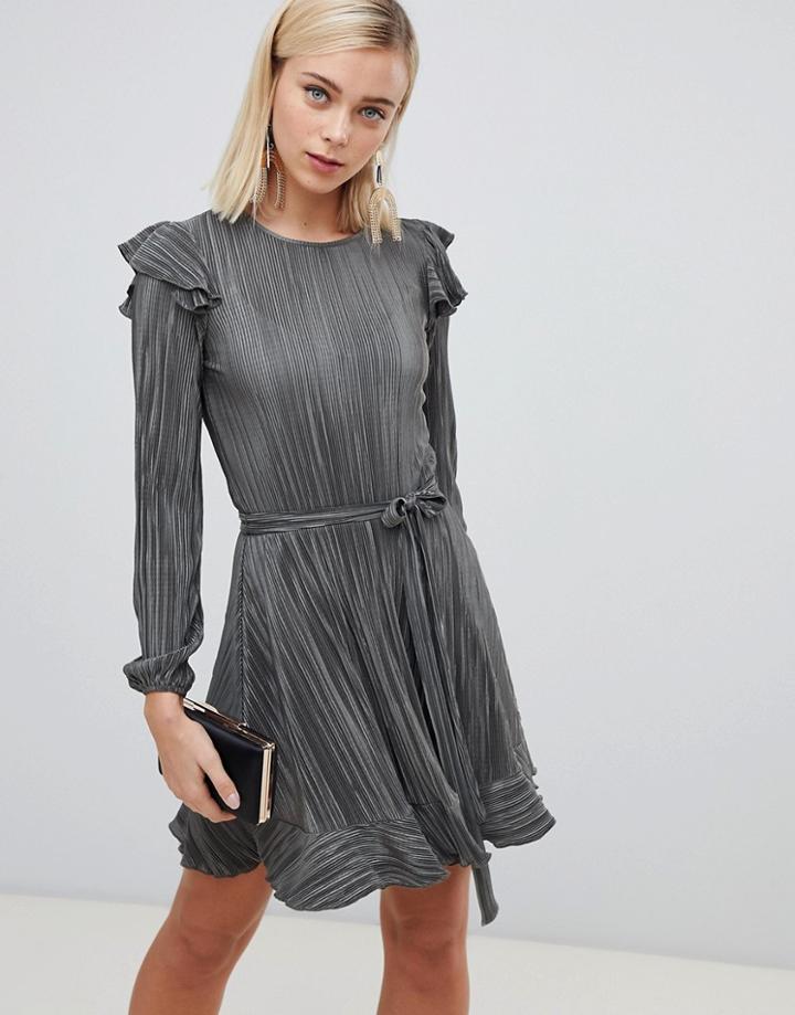 Asos Design Long Sleeve Frill Belted Plisse Dress-green