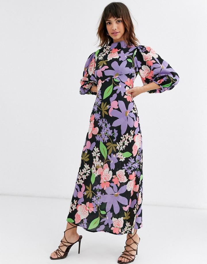 Asos Design Cowl Neck Maxi Dress In Puff Sleeves In Floral Print-multi