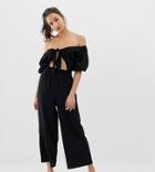 Asos Design Tall Tea Jumpsuit With Puff Sleeve And Tie Detail - Black