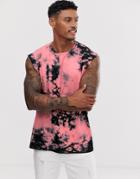 Asos Design Oversized Sleeveless T-shirt With Coral Stripe Tie Dye Wash - Pink