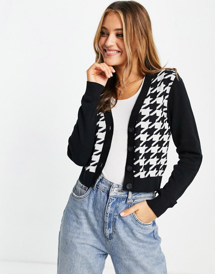 Monki Laila Houndstooth Knit Cardigan In Black-neutral