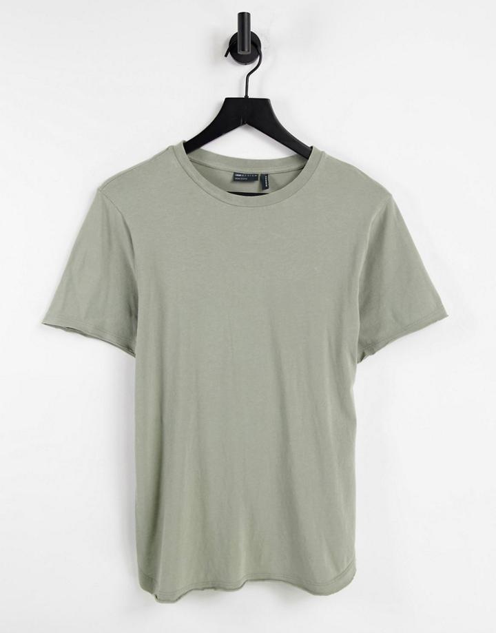 Asos Design T-shirt With Curved Hem And Side Slits In Washed Khaki-green