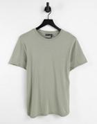 Asos Design T-shirt With Curved Hem And Side Slits In Washed Khaki-green