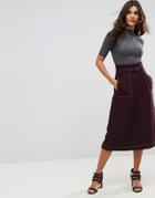Asos Tailored Midi Skirt With Contrast Stitching And Belt - Purple
