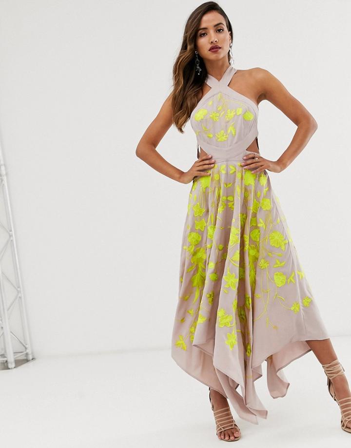 Asos Edition Embroidered Midi Dress With Cut Out Sides - Beige