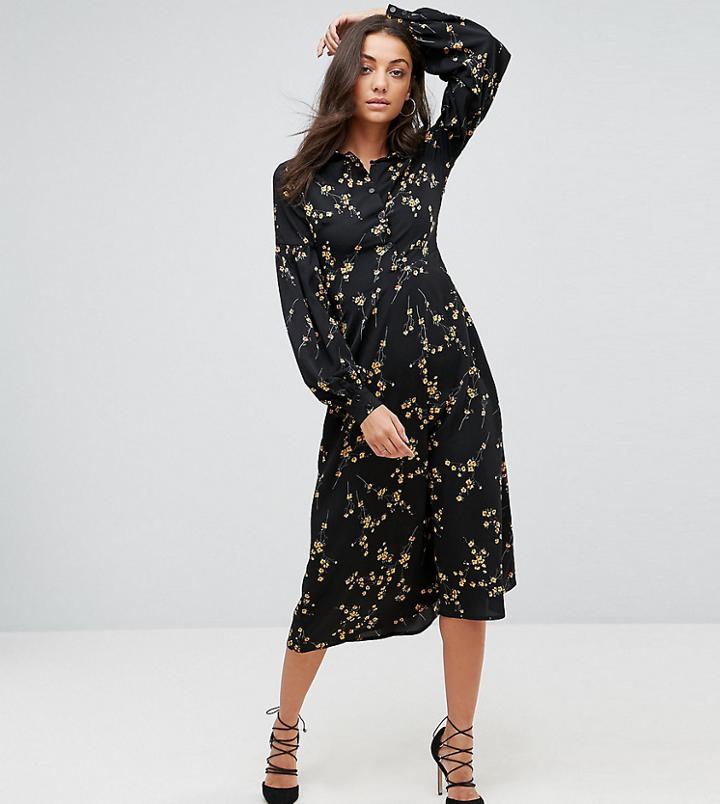 Fashion Union Tall High Neck Midi Dress In Grunge Floral Print - Black