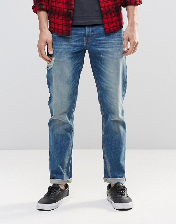 Asos Stretch Slim Jeans In Mid Blue With Abrasions - Mid Blue