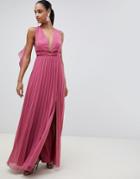 Asos Design Maxi Dress In Pleat With Tape Detail-pink
