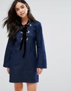 The English Factory Denim Velvet Lace Up Dress - Blue