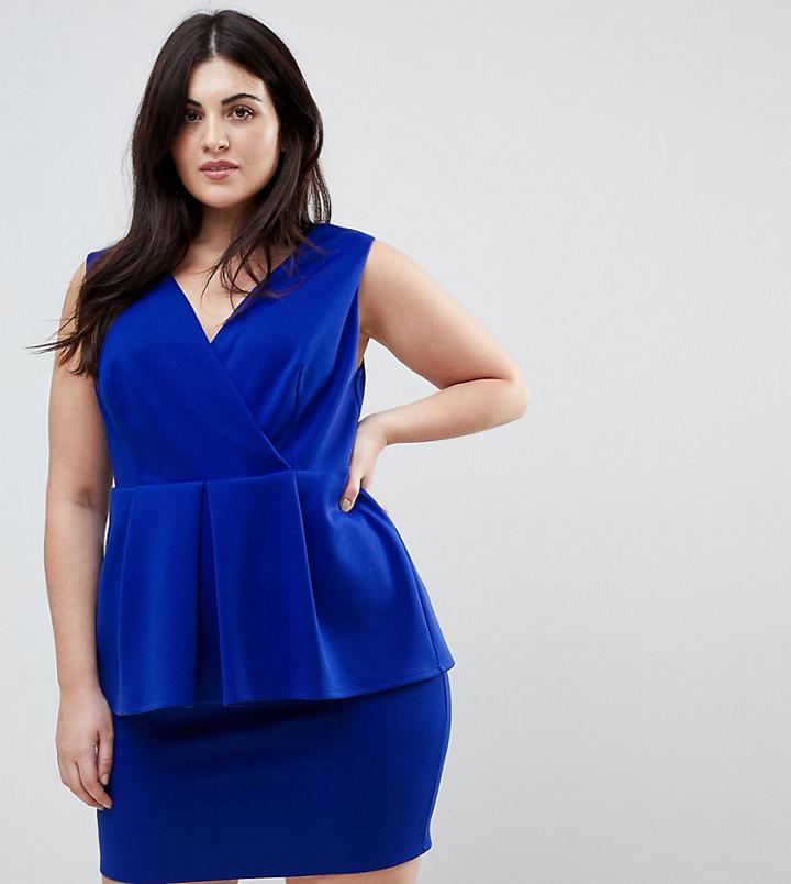 Asos Curve Scuba Deep Plunge Peplum Mini Dress - Blue