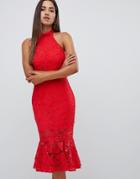Love Triangle All Over High Neck Cut Work Lace High Neck Dress With Scallop Back In Red - Red
