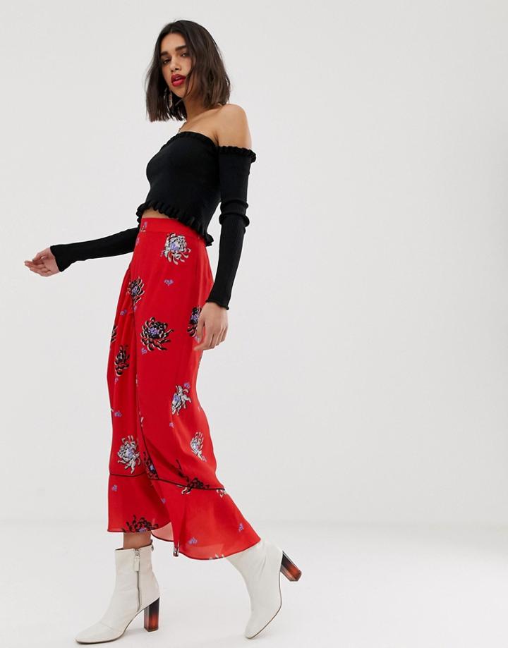 Lost Ink Midi Skirt With Pleated Side In Floral Print - Red