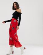 Lost Ink Midi Skirt With Pleated Side In Floral Print - Red