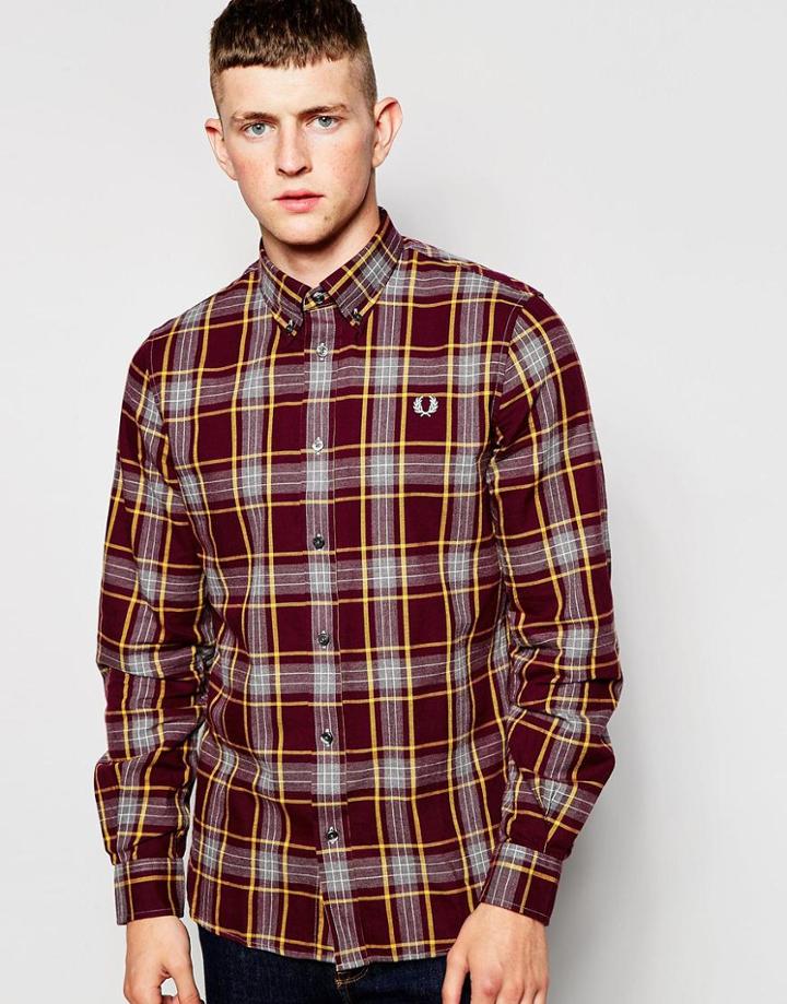 Fred Perry Shirt In Marl Winter Check Mahogany - Mahogany