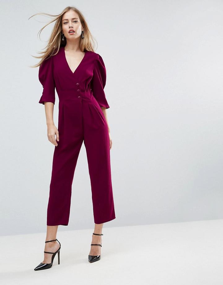 Asos Tea Jumpsuit With Button Sleeve And Peg Leg - Purple