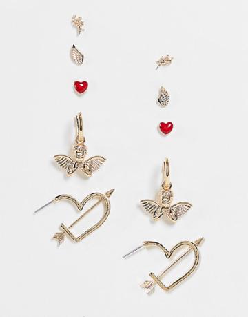 Asos Design 5-pack Earrings In Valentine Designs In Gold Tone
