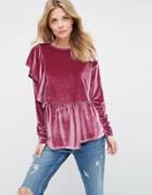 Asos Top With Exaggereated Ruffle In Velvet - Pink