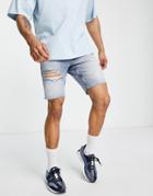 Asos Design Slim Denim Shorts With Raw Hem And Thigh Rips In Heavy Tinted Wash-blue