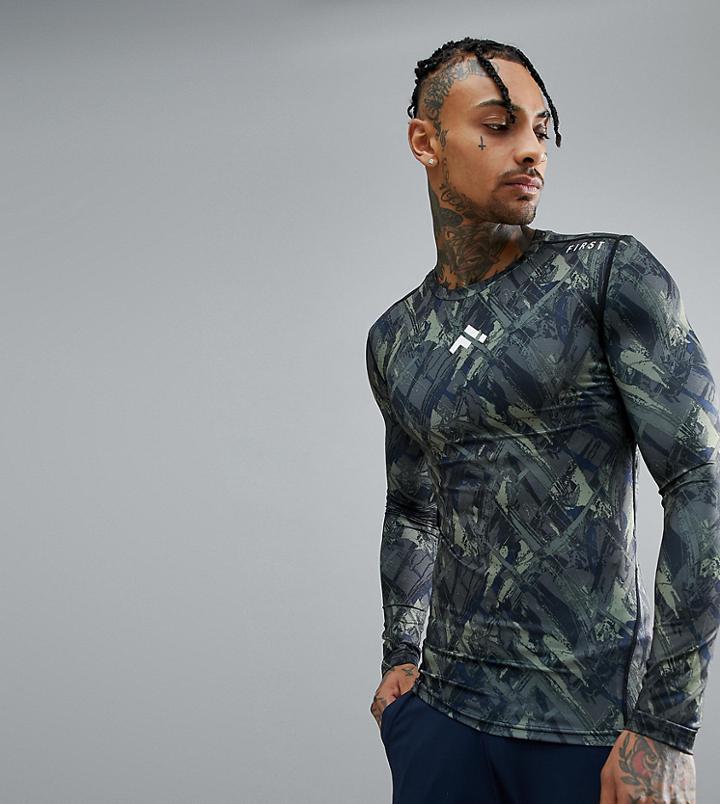 First Long Sleeved Running Baselayer T-shirt In Camo - Green