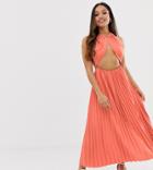 Fashion Union Petite Midi Dress With Pleated Skirt And Cut Out Detail - Orange