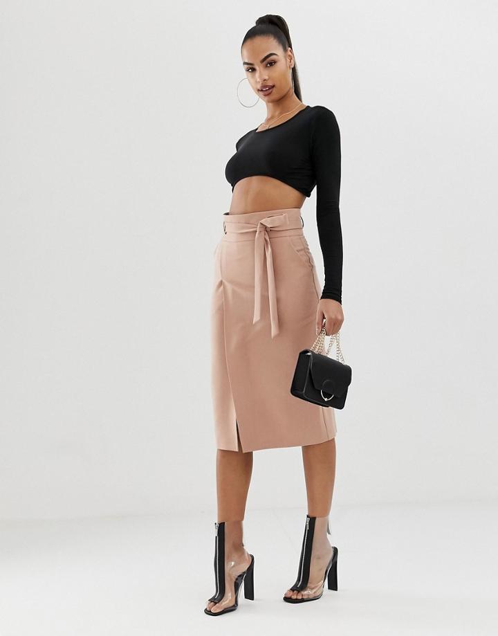 Asos Design Tailored Pencil Skirt With Obi Tie - Stone