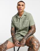 Asos Design Textured Boxy Oversized Shirt With Revere Collar In Sage Green - Part Of A Set