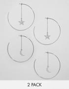 Asos Design Pack Of 2 Hoop Earrings With Star And Moon Charms In Rhodium - Silver