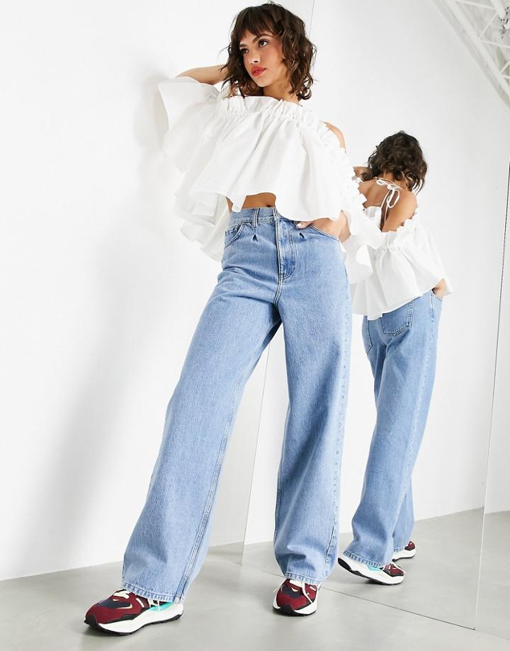 Asos Edition Wide Leg Jeans With Pleat Detail In Light Wash-blues