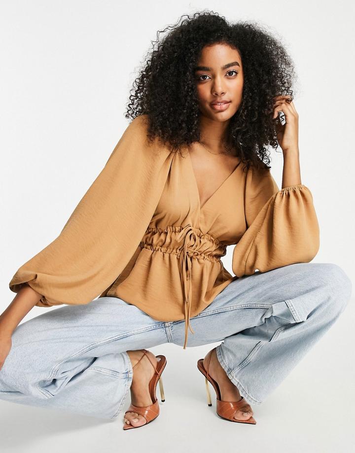 Asos Design Long Sleeve V-neck Top With Kimono Sleeves And Tie Front In Camel-neutral