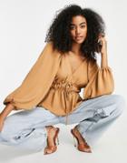 Asos Design Long Sleeve V-neck Top With Kimono Sleeves And Tie Front In Camel-neutral