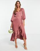 Liquorish Bridesmaid Satin Wrap Midi Dress With Puff Sleeve In Soft Rose Pink