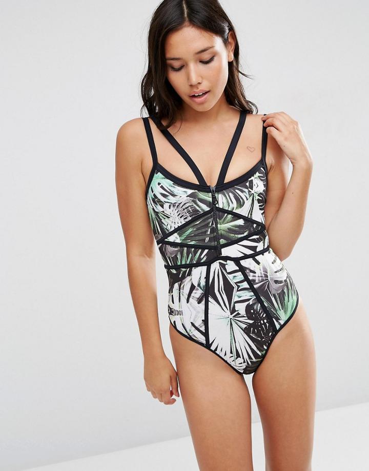 Asos Photographic Palm Print Contrast Swimsuit - Multi