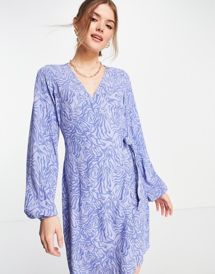 Envii Mini Wrap Dress With Balloon Sleeves In Blue Tonal Zebra