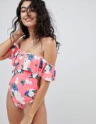 Bershka Bardot Swimsuit In Neon Floral Print - Pink