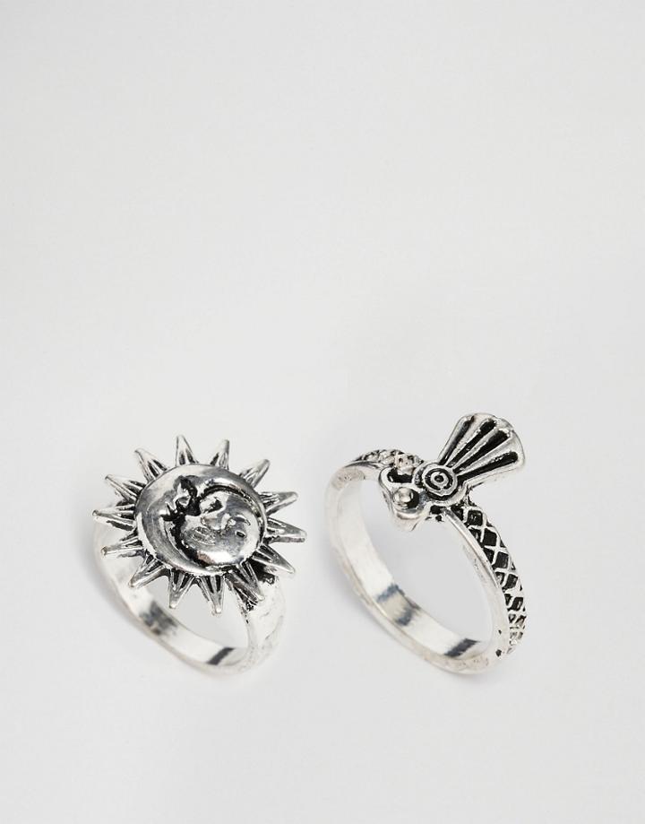 Asos Pack Of 2 Sun & Eagle Rings - Burnished Silver