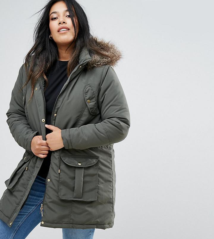 Brave Soul Plus Hooded Mid Parka - Green