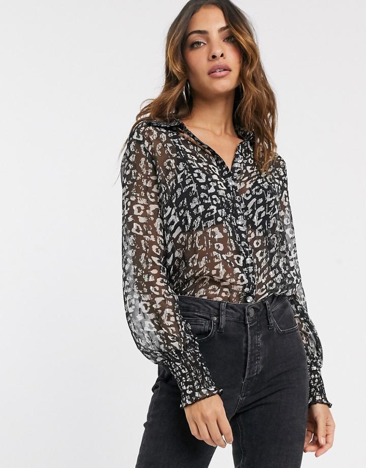 River Island Shirred Blouse In Black Leopard