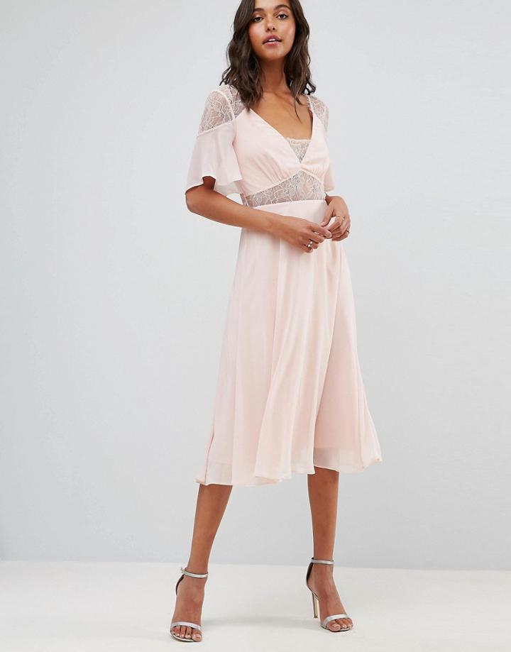 Asos Lace Insert Flutter Sleeve Midi Dress - Pink