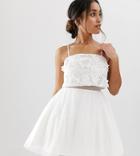 Asos Design Petite Embellished Crop Top Mini Dress With 3d Applique Flowers-white