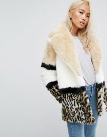 Jakke Color Block Faux Fur Coat With Leopard Panel - Multi