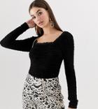 Asos Design Tall Long Sleeve Square Neck Top In Ripple Texture - Black