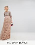 Maya Maternity Long Sleeved Maxi Dress With Delicate Sequin And Tulle Skirt - Brown